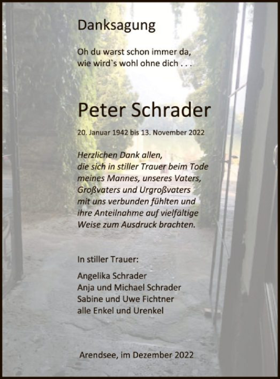 Traueranzeige von Peter Schrader von UEL