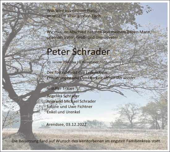 Traueranzeige von Peter Schrader von UEL