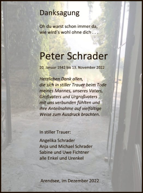 Traueranzeige von Peter Schrader von UEL