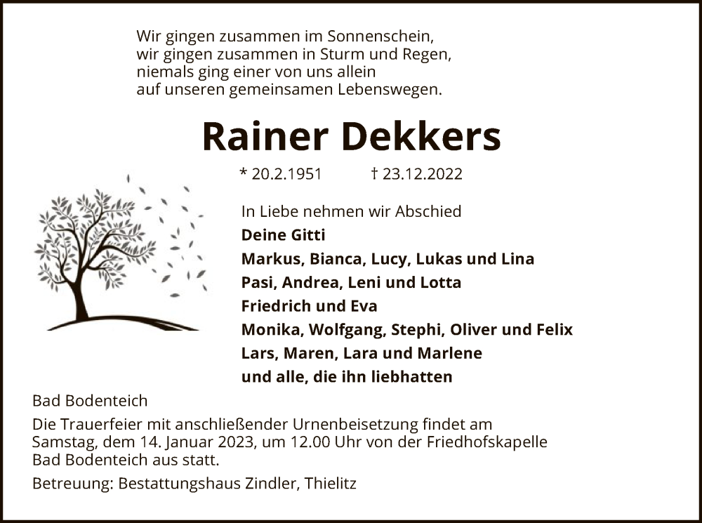  Traueranzeige für Rainer Dekkers vom 31.12.2022 aus UEL