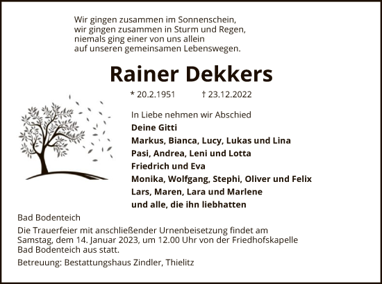 Traueranzeige von Rainer Dekkers von UEL