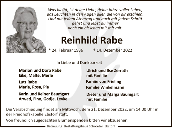 Traueranzeige von Reinhild Rabe von UEL