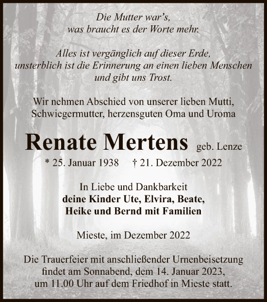 Traueranzeige von Renate Mertens von UEL