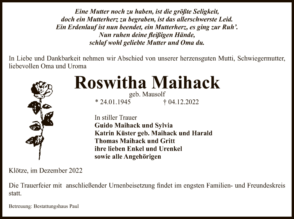  Traueranzeige für Roswitha Maihack vom 08.12.2022 aus UEL