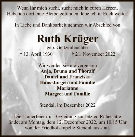 Traueranzeige von Ruth Krüger von UEL