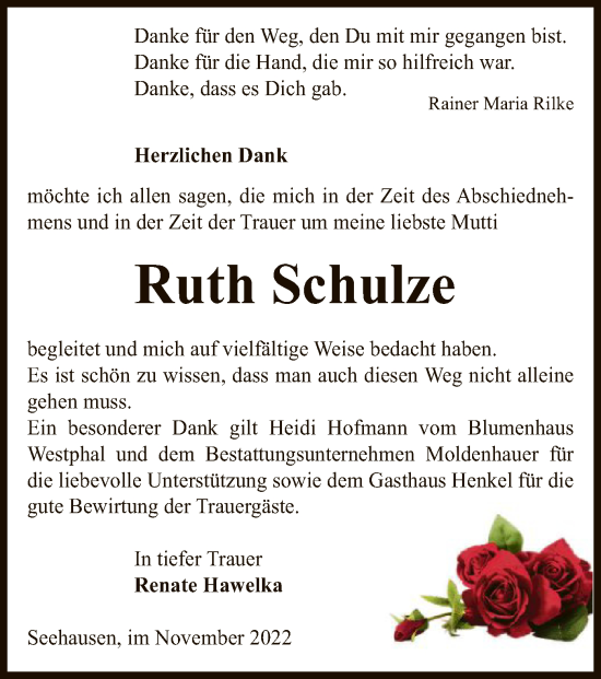 Traueranzeige von Ruth Schulze von UEL