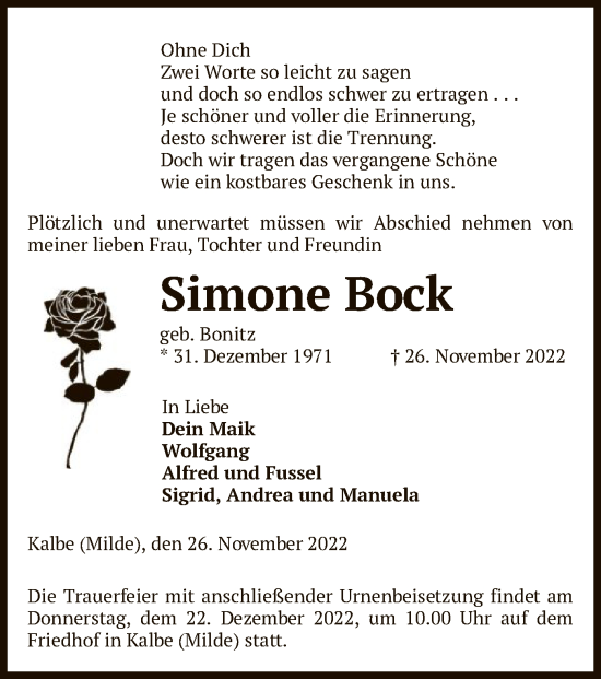 Traueranzeige von Simone Bock von UEL