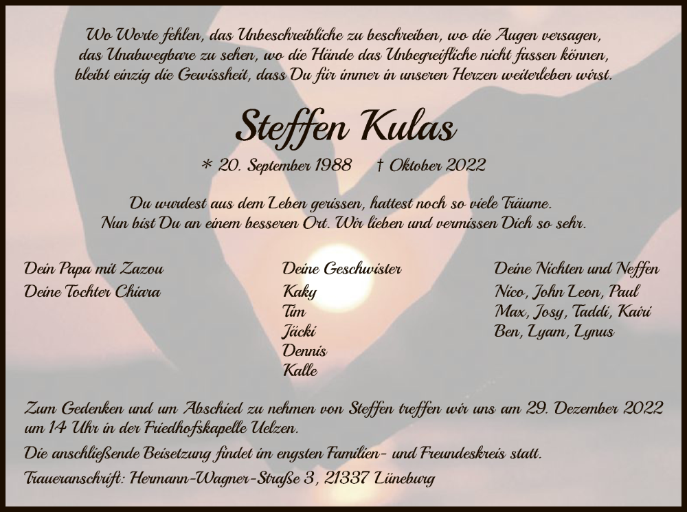  Traueranzeige für Steffen Kulas vom 28.12.2022 aus UEL