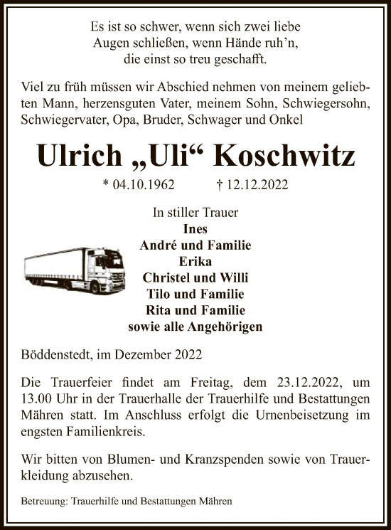 Traueranzeige von Urlich Koschwitz von UEL