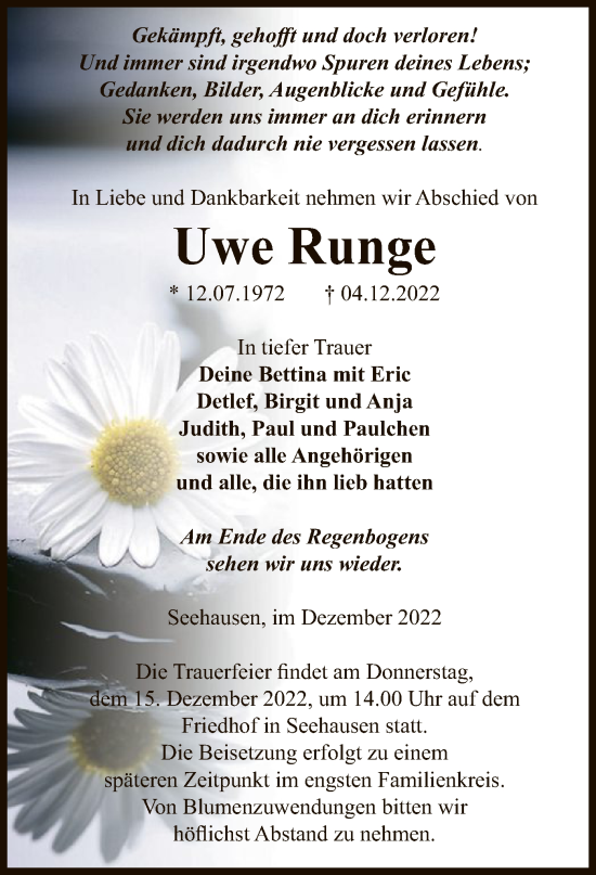 Traueranzeige von Uwe Runge von UEL