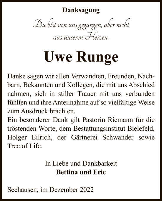 Traueranzeige von Uwe Runge von UEL