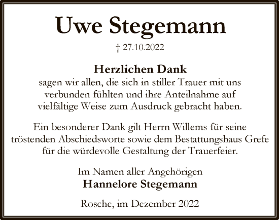 Traueranzeige von Uwe Stegemann von UEL