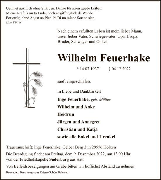 Traueranzeige von Wilhelm Feuerhake von UEL