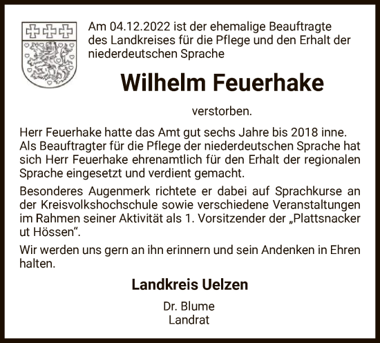 Traueranzeige von Wilhelm Feuerhake von UEL