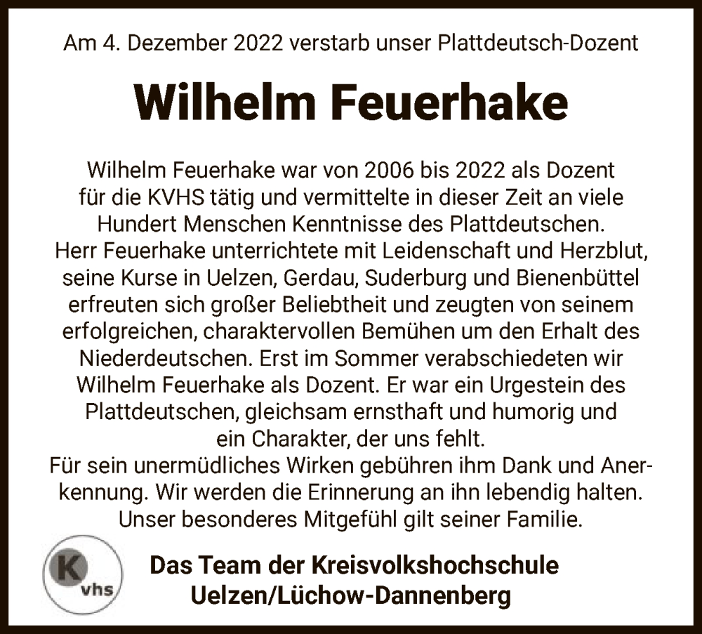  Traueranzeige für Wilhelm Feuerhake vom 10.12.2022 aus UEL
