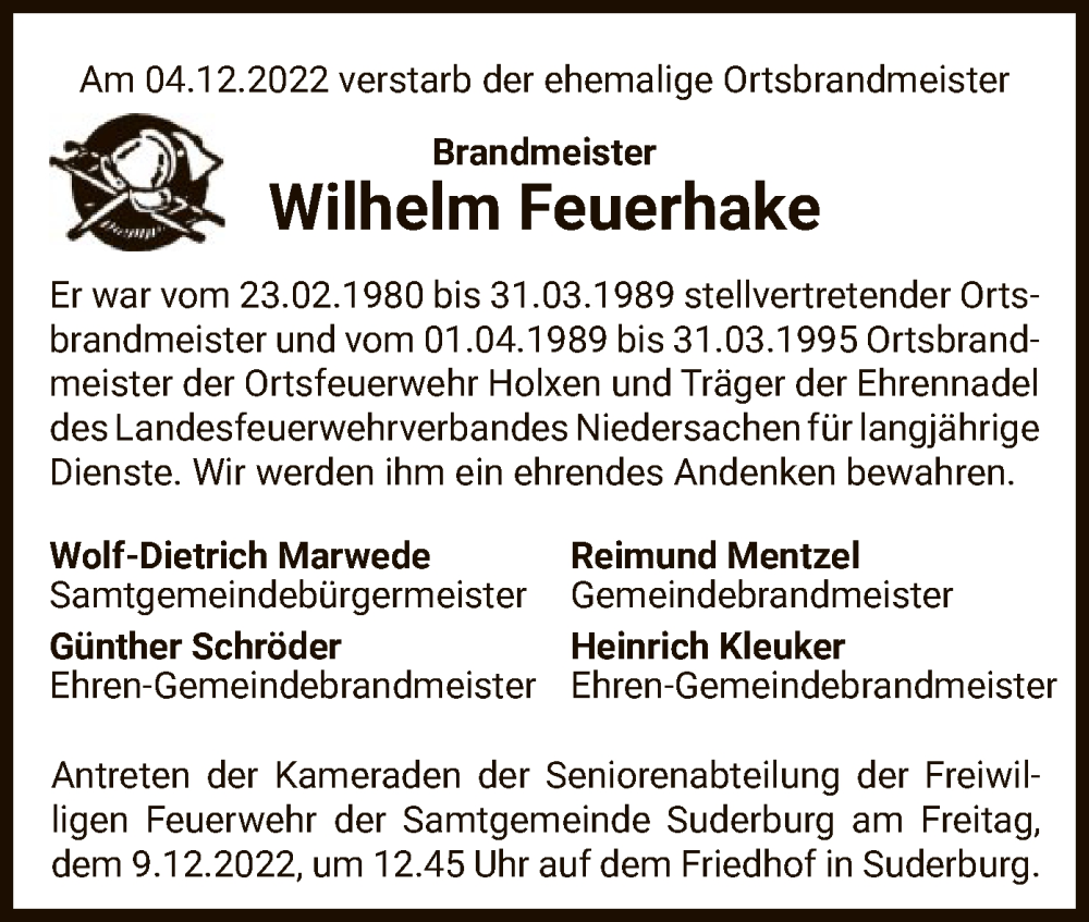  Traueranzeige für Wilhelm Feuerhake vom 09.12.2022 aus UEL