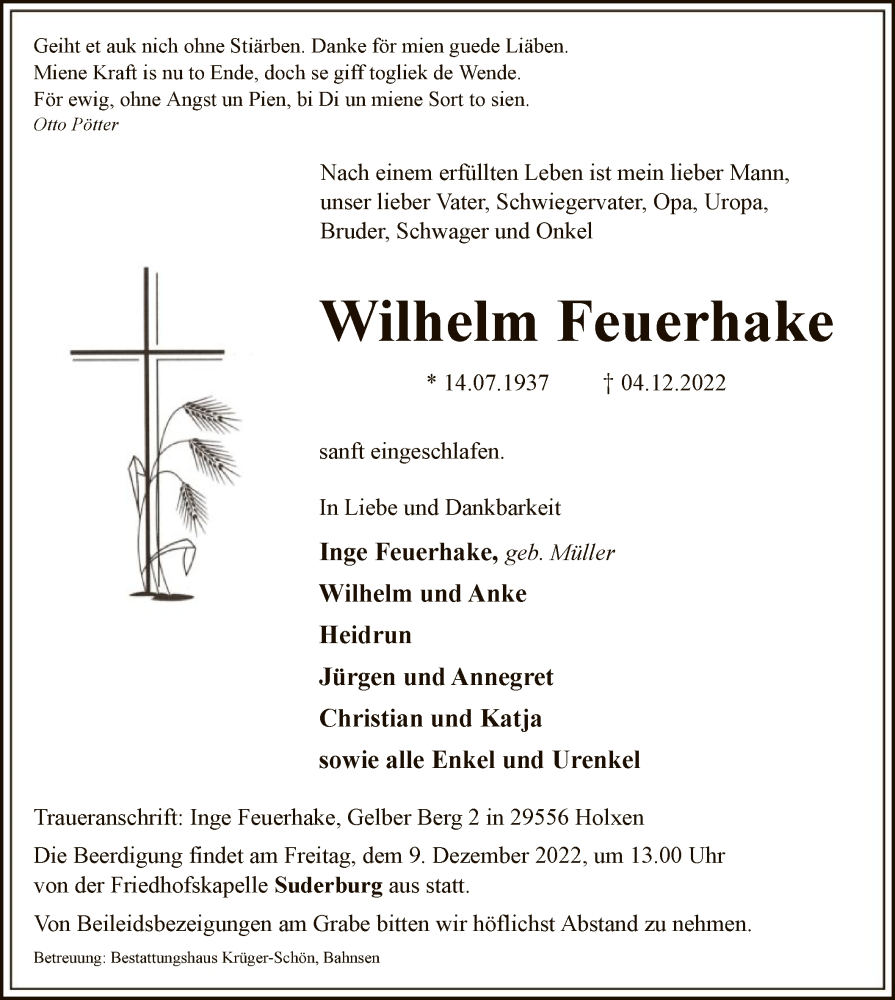  Traueranzeige für Wilhelm Feuerhake vom 06.12.2022 aus UEL