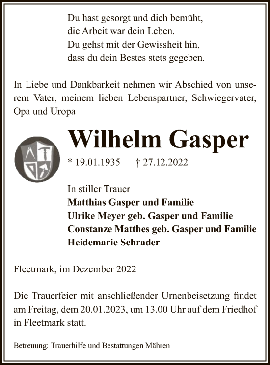 Traueranzeige von Wilhelm Gasper von UEL