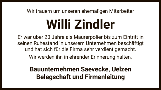 Traueranzeige von Willi Zindler von UEL