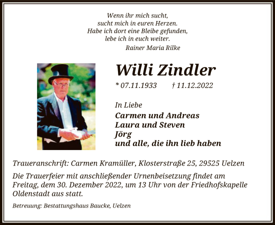 Traueranzeige von Willi Zindler von UEL