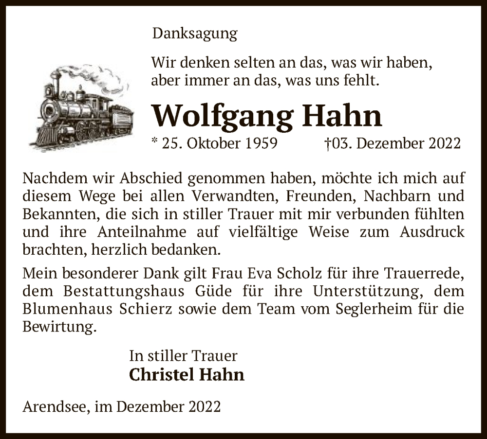  Traueranzeige für Wolfgang Hahn vom 22.12.2022 aus UEL