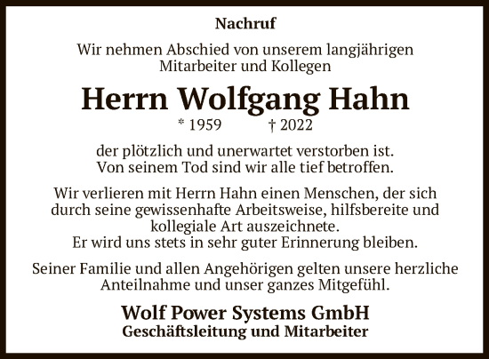 Traueranzeige von Wolfgang Hahn von UEL