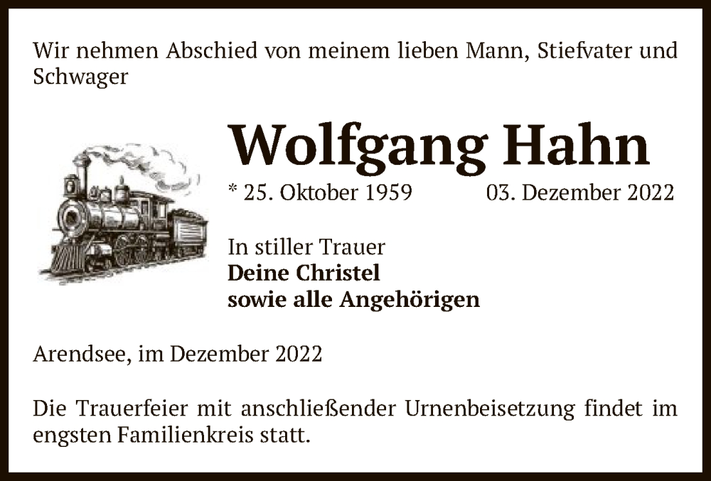  Traueranzeige für Wolfgang Hahn vom 07.12.2022 aus UEL