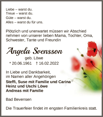 Traueranzeige von Angela Svensson von UEL