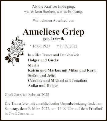 Traueranzeige von Anneliese Griep von UEL