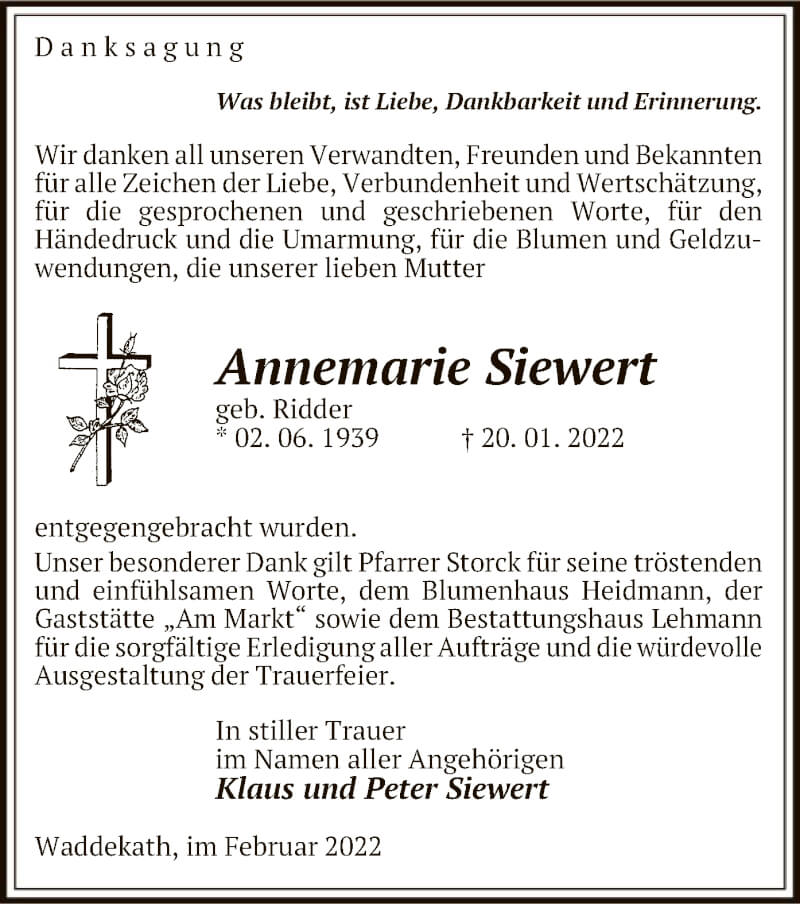  Traueranzeige für Annemarie Siewert vom 26.02.2022 aus UEL