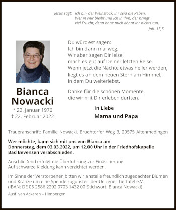 Traueranzeige von Bianca Nowacki von UEL