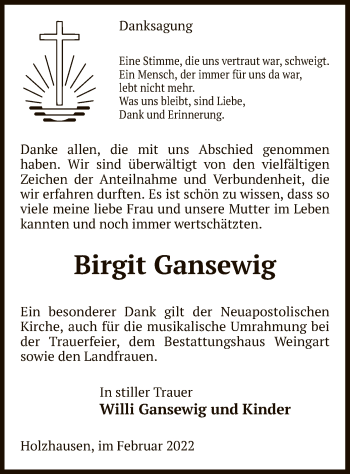 Traueranzeige von Birgit Gansewig von UEL