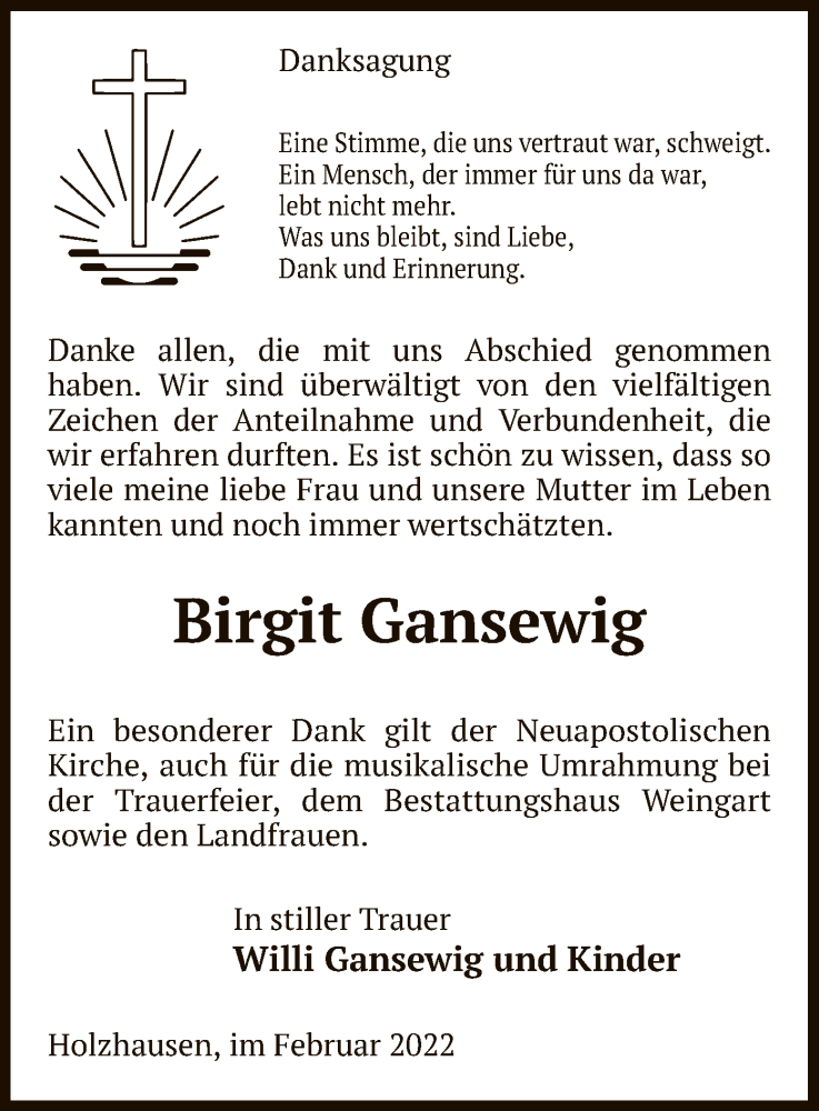  Traueranzeige für Birgit Gansewig vom 19.02.2022 aus UEL