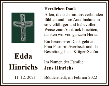 Traueranzeige von Edda Hinrichs von UEL