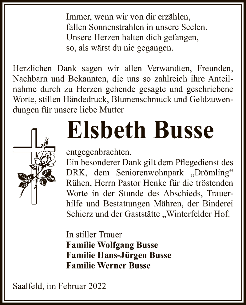  Traueranzeige für Elsbeth Busse vom 25.02.2022 aus UEL