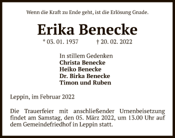 Traueranzeige von Erika Benecke von UEL