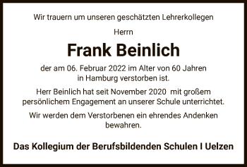 Traueranzeige von Frank Beinlich von UEL