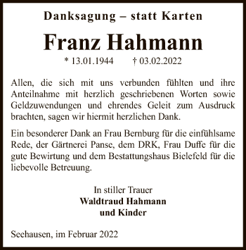 Traueranzeige von Franz Hahmann von UEL