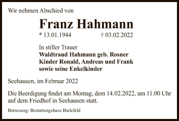 Traueranzeige von Franz Hahmann von UEL