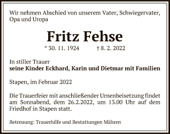 Traueranzeige von Fritz Fehse von UEL