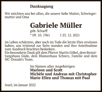 Traueranzeige von Gabriele Müller von UEL