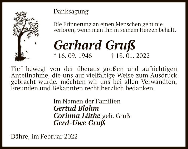  Traueranzeige für Gerhard Gruß vom 26.02.2022 aus UEL