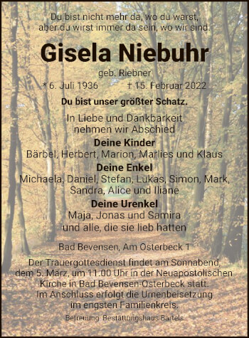 Traueranzeige von Gisela Niebuhr von UEL