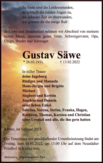 Traueranzeige von Gustav Säwe von UEL