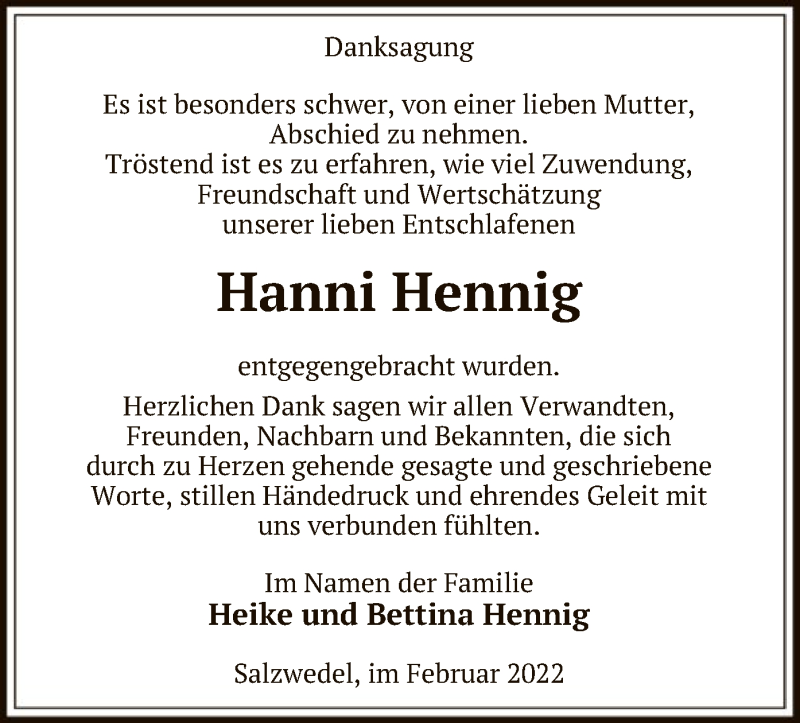  Traueranzeige für Hanni Hennig vom 04.02.2022 aus UEL