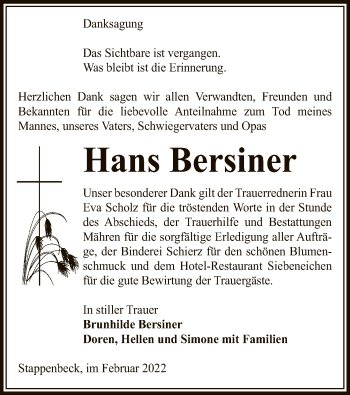 Traueranzeige von Hans Bersiner von UEL