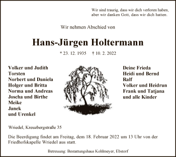 Traueranzeige von Hans-Jürgen Holtermann von UEL
