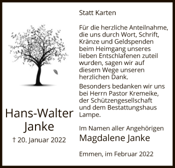 Traueranzeige von Hans-Walter Janke von UEL