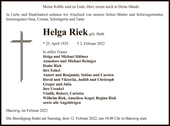 Traueranzeige von Helga Riek von UEL