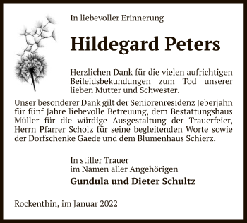 Traueranzeige von Hildegard Peters von UEL